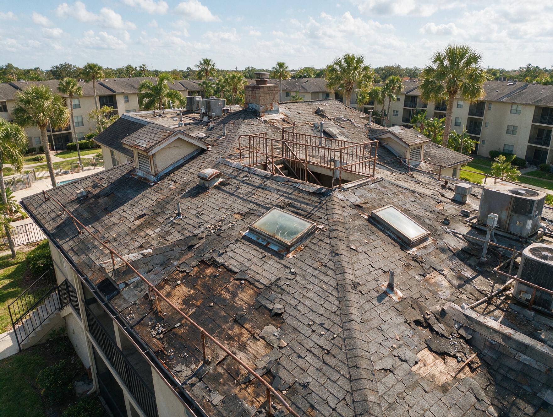 Deteriorated multi-family building roof before Cmax GC truss replacement