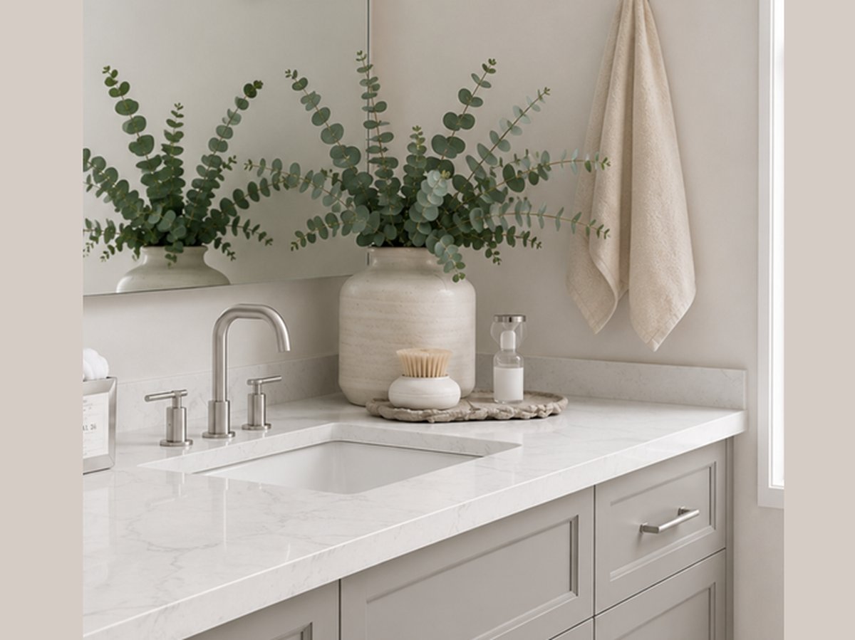 Remodeled bathroom vanity with quartz countertop and brushed nickel fixtures by Cmax GC